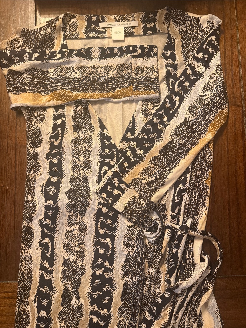 Diane von Furstenberg Beige & Black Printed Wrap Dress